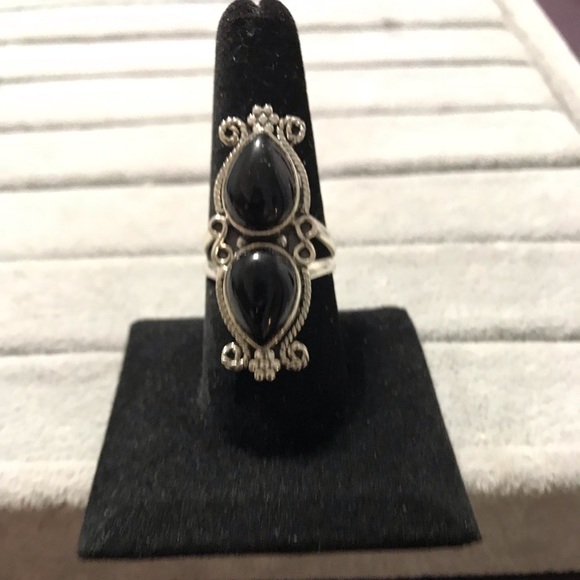 New Genuine Sterling Silver Black Onyx Double Stone Ring Size 8.5-8.75 Crystal - Picture 10 of 16